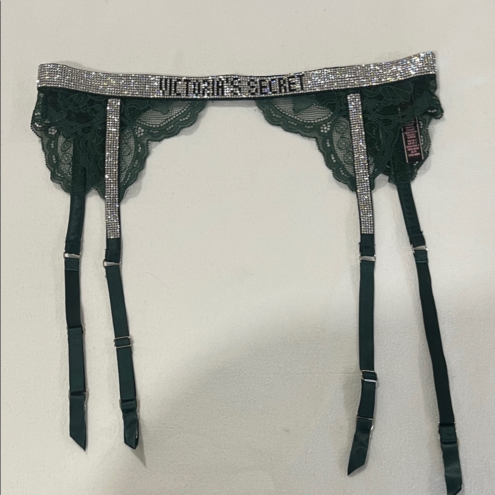 Victoria's Secret Emerald Green Lace Garter with Rhinestone Trim
